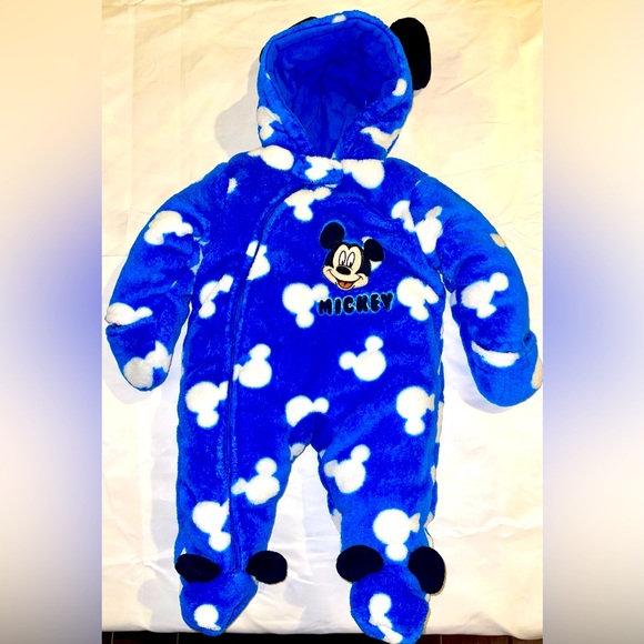 Disney Other - Disney Baby 3 month one piece snow suit hooded footed Mickey Mouse blue